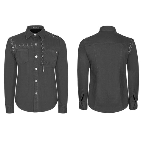 Men's Punk Tie Rope Personality Shirt With Double Pocket