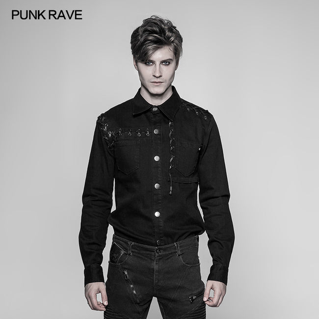 Men's Punk Tie Rope Personality Shirt With Double Pocket
