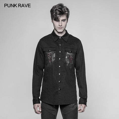 Paladin Gothic Bloody Keel Denim Personality Shirt With Scratched Double Pockets