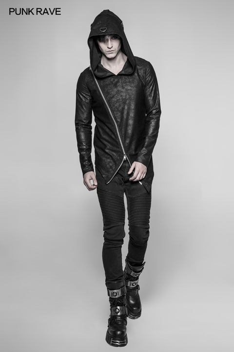 Men's Dark Punk Personality Pullover Hoodie Beveled Zipper Hooded Knitting Sweater