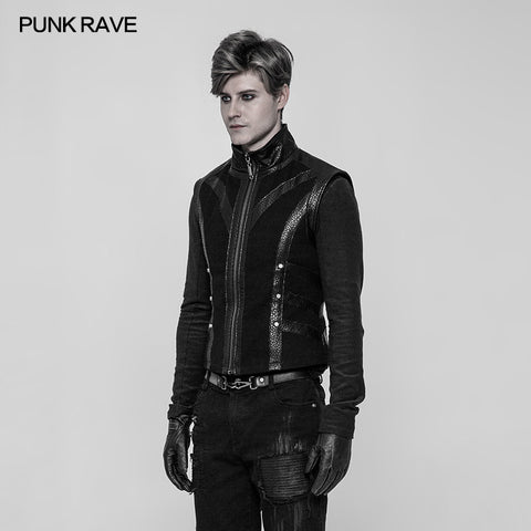 Men's Rough Leather Splicing Stand Collar Punk Vest