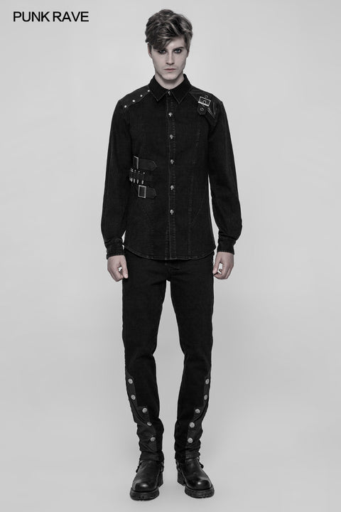 Punk Uniform Style Fitted Denim Shirt For Men