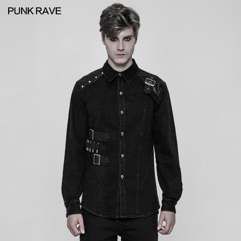 Punk Uniform Style Fitted Denim Shirt For Men