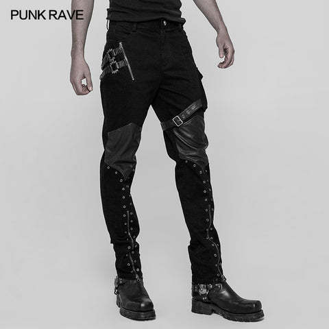 Personality Zipper Pocket Punk Pants Leather Splicing Trousers For Men