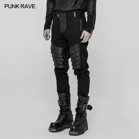 Men's Dark Punk Twill Denim Pants Leather Knee Armor Styling Trousers