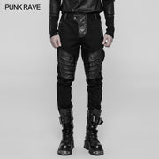 Men's Dark Punk Twill Denim Pants Leather Knee Armor Styling Trousers