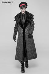 Royal Alliance Warlord Punk Mottled Textures Thick Long Coat With Removable Faux Fur Collar