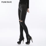 Women's Black Knees Broken Holes Punk Jeans Super Slim Elastic Denim Trousers