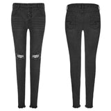 Women's Black Knees Broken Holes Punk Jeans Super Slim Elastic Denim Trousers