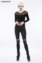 Women's Black Knees Broken Holes Punk Jeans Super Slim Elastic Denim Trousers