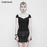 Women's Black Elastic Tight Knitting Punk T-shirt Slim-fitting Top