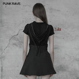 Women's Sexy Short Punk Knitted Mesh Stitching Tight T-shirt With Zipper Wizard Hat