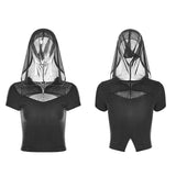 Women's Sexy Short Punk Knitted Mesh Stitching Tight T-shirt With Zipper Wizard Hat
