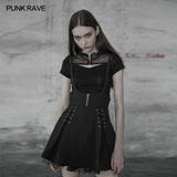 Women's Sexy Short Punk Knitted Mesh Stitching Tight T-shirt With Zipper Wizard Hat