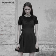 Girls' Black Modal Top Stitching Fake Two Piece Strap Dress
