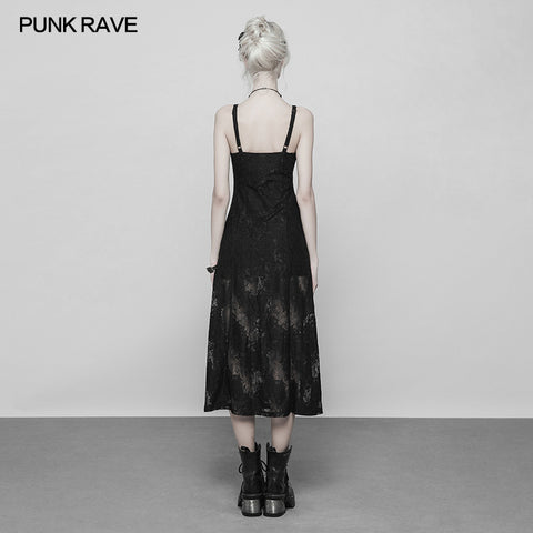 Gothic Dark Vintage Lace Strap Split Dress With Floral Design