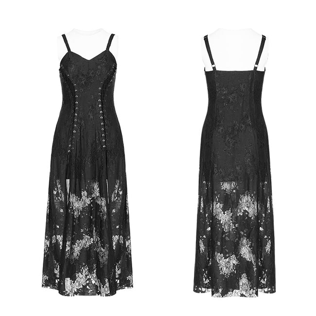 Gothic Dark Vintage Lace Strap Split Dress With Floral Design