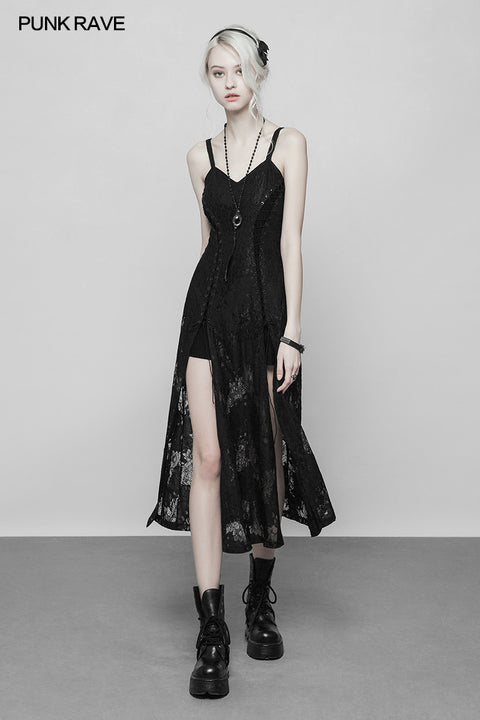 Gothic Dark Vintage Lace Strap Split Dress With Floral Design