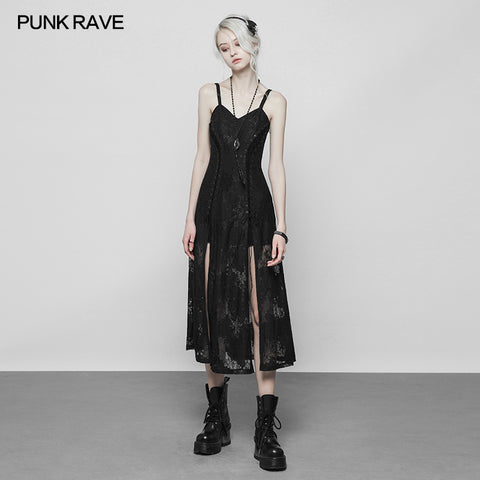 Gothic Dark Vintage Lace Strap Split Dress With Floral Design