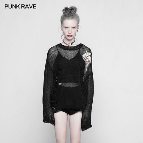 Loose Mesh Ripped Hole Tattered Distressed Knit Sweater Top