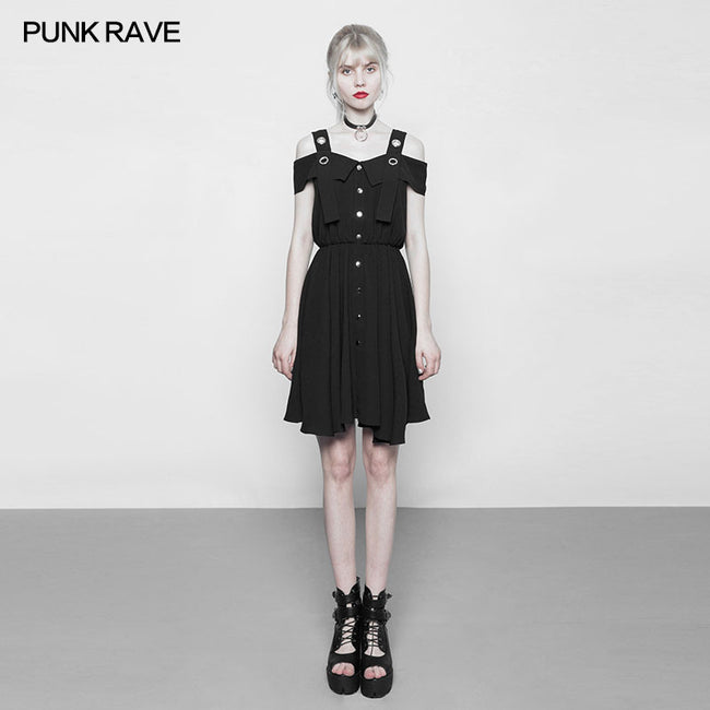 Punk Chiffon Shirt-style Suspender Dress With Corns Strap Design