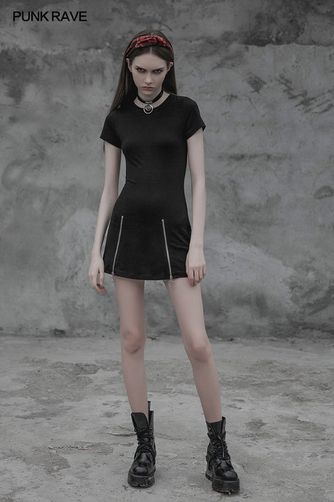 Women Minimalist Black Slim-Fitting Punk Dress With Love Pendant Zippers