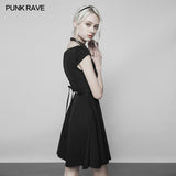 Women's Lotus Leaf V-Collar Folding Back Drawstring Black Halter Dress