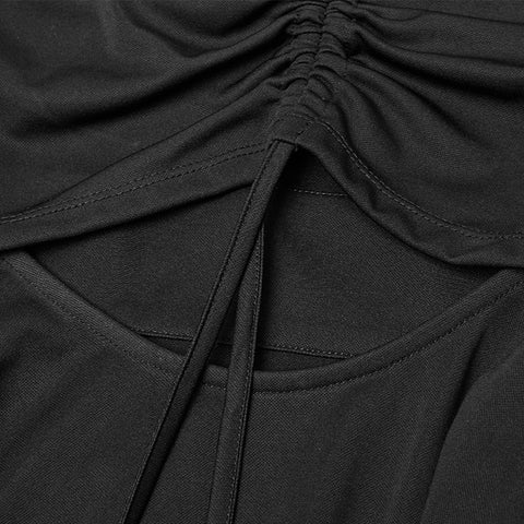 Women's Lotus Leaf V-Collar Folding Back Drawstring Black Halter Dress