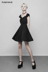 Women's Lotus Leaf V-Collar Folding Back Drawstring Black Halter Dress