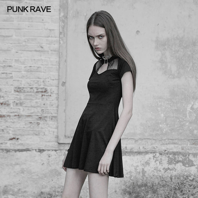 Sexy Hollow Out Lace Stitching Knit Gothic Dress With Buckle Collar Design