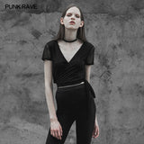 Simple Sexy Black Punk Top Bandage Halter Deep V-Neck T-shirt