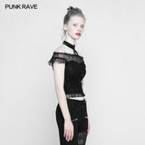 Soft Lace Imitate Silk Wrinkled Stitching Off Shoulder Tops Gothic T-shirt For Women