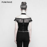Soft Lace Imitate Silk Wrinkled Stitching Off Shoulder Tops Gothic T-shirt For Women