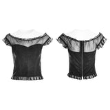 Soft Lace Imitate Silk Wrinkled Stitching Off Shoulder Tops Gothic T-shirt For Women