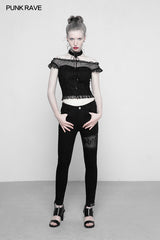Soft Lace Imitate Silk Wrinkled Stitching Off Shoulder Tops Gothic T-shirt For Women