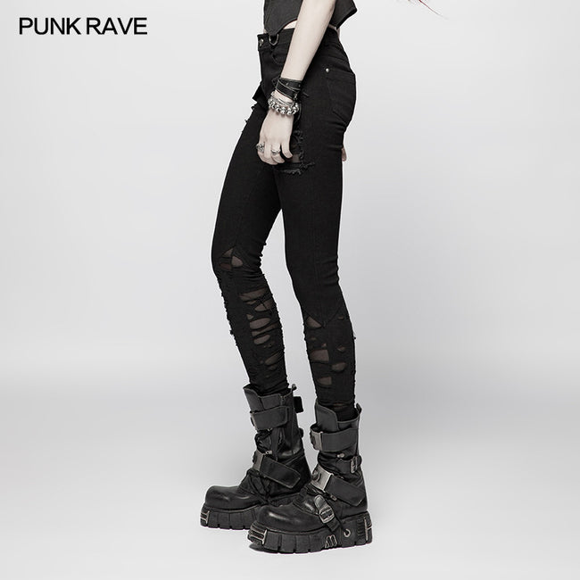 Punk Elastic Stitching Trousers With Broken Hole