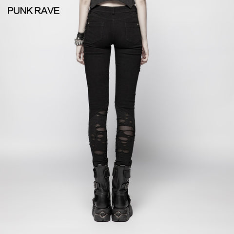 Punk Elastic Stitching Trousers With Broken Hole