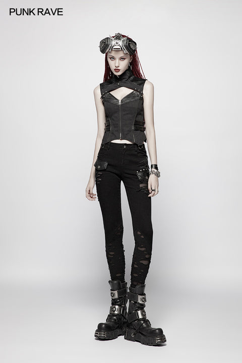 Punk Elastic Stitching Trousers With Broken Hole