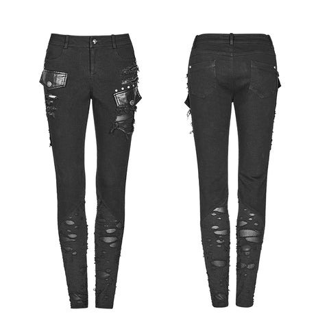 Punk Elastic Stitching Trousers With Broken Hole