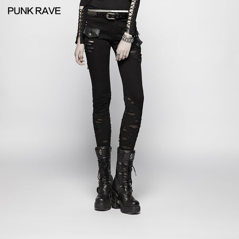 Punk Elastic Stitching Trousers With Broken Hole