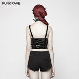 Punk Stretch-gloss Coated Knitted Strap Short Vest