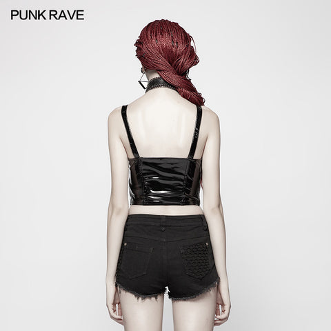 Punk Stretch-gloss Coated Knitted Strap Short Vest