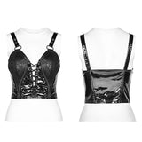 Punk Stretch-gloss Coated Knitted Strap Short Vest