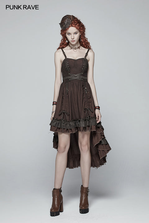 Steampunk Pleated Two-Layer Ruffled Hem High-Low Dress
