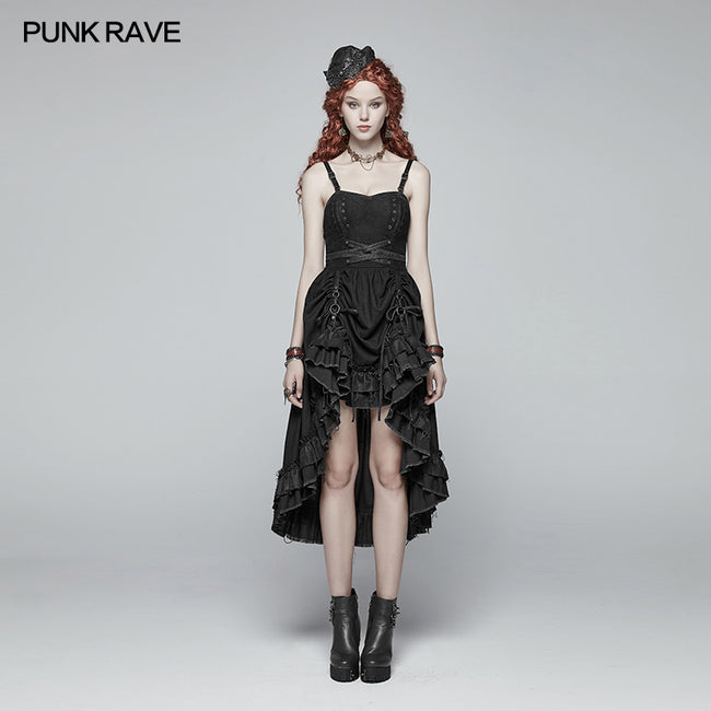 Steampunk Pleated Two-Layer Ruffled Hem High-Low Dress