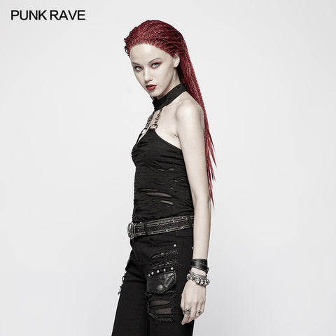 Punk Womens Halter Broken Hole Chain Knit Vest