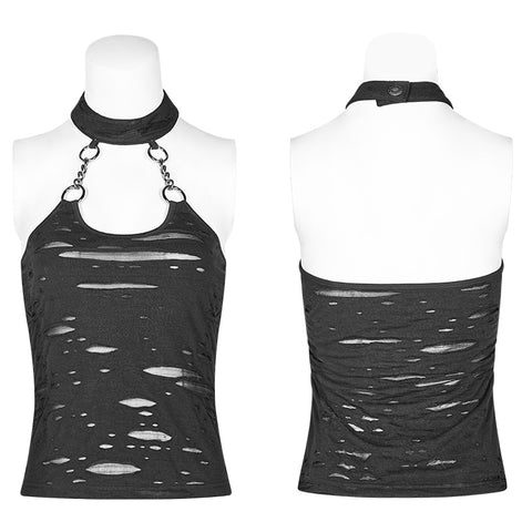 Punk Womens Halter Broken Hole Chain Knit Vest