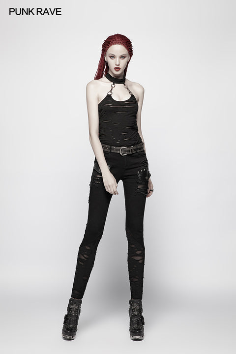 Punk Womens Halter Broken Hole Chain Knit Vest