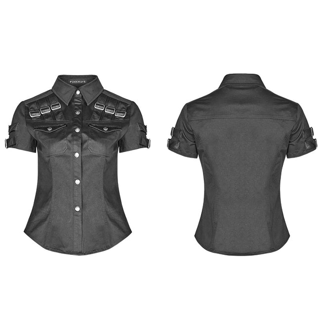 Military Short Sleeve Shirt With PU Loop And Metal Adjustment Buckle Blouse