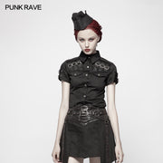 Military Short Sleeve Shirt With PU Loop And Metal Adjustment Buckle Blouse